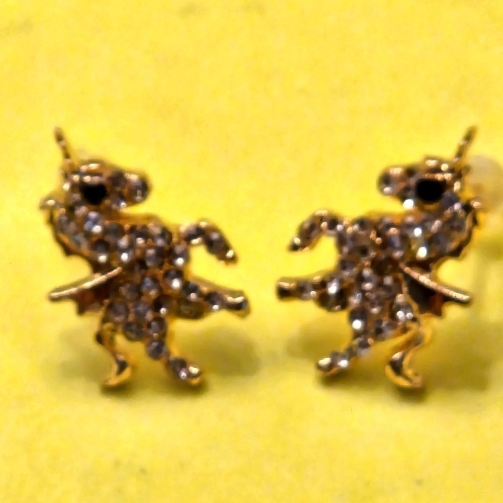 Unicorn Earrings Dainty, Stud Earrings Goldtone Artificial Crystals